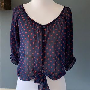 Color of Love Navy Red Polka Dot Cropped Sheer Top